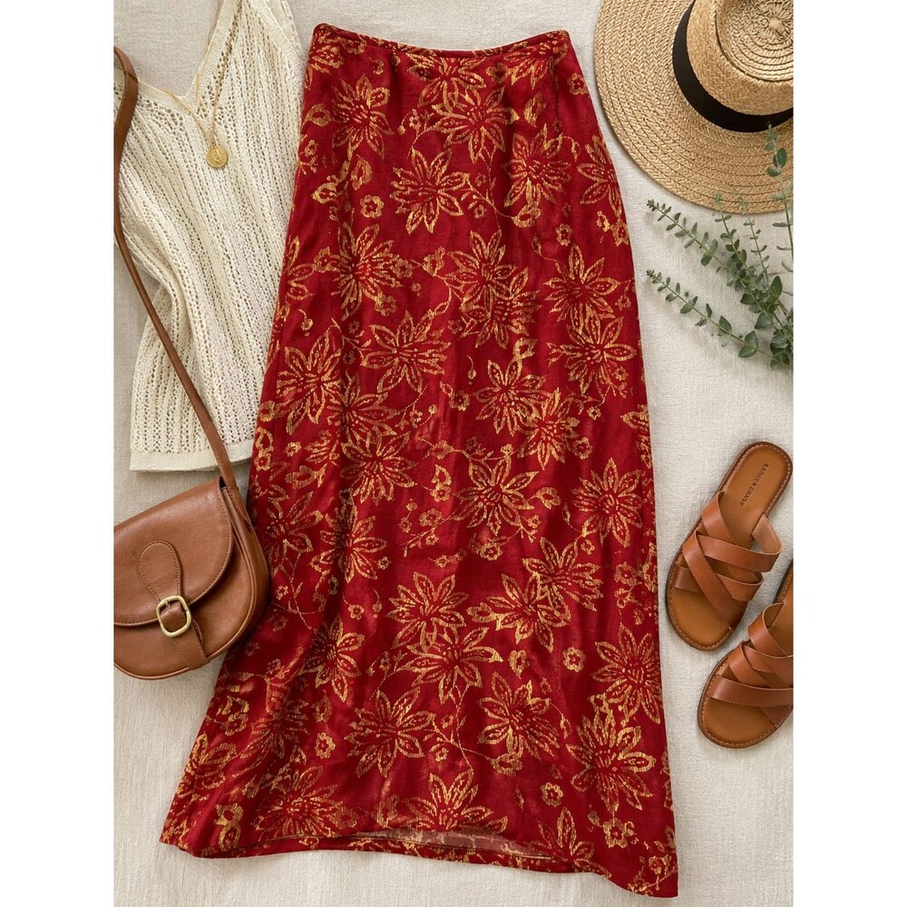 Emma James Petite Red Gold Floral Linen Blend Maxi Skirt Women’s 14P Boho Casual